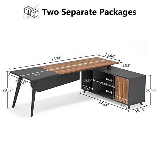 Tribesigns L-Shaped Executive Desk with File Cabinet, 78.74 Inch, Shelves - Rustic Brown