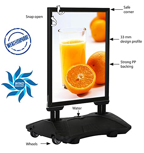 M&T Displays WindPro Lite Weather and Wind Resistant Outdoor Pavement Curb Sidewalk Sign Holder for 30x40 Inch Posters Black Aluminum Easy Front Loading Snap Frame Durable LDPE Black Water Base
