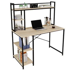 Bestier 47.2'' Computer Desk with Hutch and Bookshelf, Industrial Home Office Working Wooden Table with 2 Tiers Adjustable Shelves, Sturdy Room Desk for Gaming Workstation, Easy Assemble, Oak