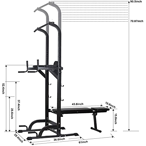 baodanla Power Tower with Weight Bench, Pull Up Bar Dip Station, Height Adjustable Pull Up Tower for Home Gym Strength Training Exercise Workout Equipment, Support Up to 400LBS