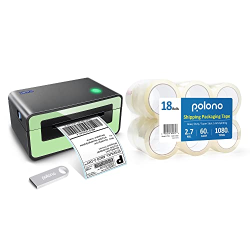 POLONO Label Printer - 150mm/s 4x6 Green Thermal Label Printer, POLONO Packing Tape, 2.7 mil, 1.88" x 60 Yards, Total 1080Y, 3" Core, 18 Rolls, Compatible with Amazon, Ebay, Etsy, Shopify and FedEx