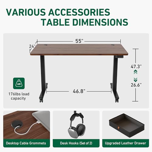 FEZIBO Electric Standing Desk with Drawer, 55 x 24 Inches Adjustable Height, Sit Stand Home Office Desk - Black Walnut