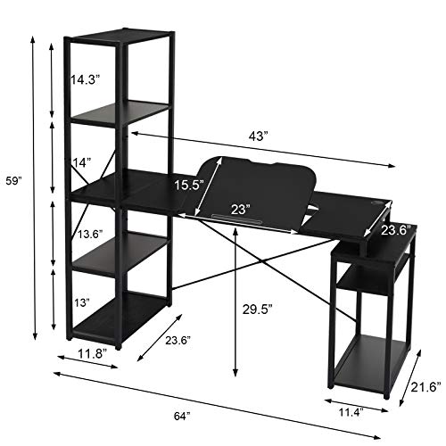 Computer Desk with 5-Tier Shelves, 3 in 1 Bookshelf, Computer Desk, and Main Frame, 47.2" Drafting Drawing Table with 60° Tiltable Tabletop, PC Laptop Table Study Workstation for Home Office (Black)