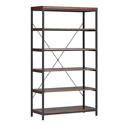 ModHaus Living Industrial Rustic Style Black Metal Frame 6 Tier 40 inches Horizontal Bookshelf Storage Media Tower | Dark Brown Finish, Living Room Decor - Includes Pen (40-inches Wide)