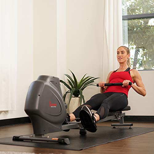 Sunny Health & Fitness Compact Folding Magnetic Rowing Machine with LCD Monitor, Bottle Holder, 43 Inch Slide Rail, 285 LB Max Weight - Synergy Power Motion - SF-RW5801, Silver