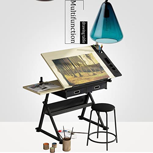 FLaig Adjustable Drafting Table with Stool, 2 Drawers, Metal Frame, Tiltable Art Craft Desk, Wooden Tabletop, Home Office Beauty