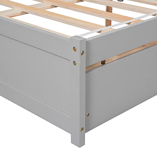 BQXDJT Full Size Wood Floor Bed with L-Shaped Bookcases and Storage Drawers - Grey