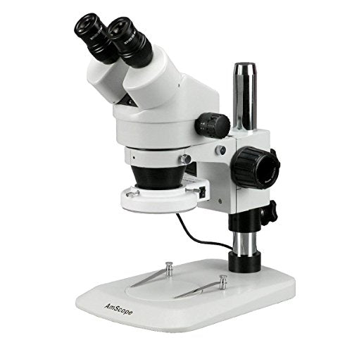 AmScope SM-1BN-64S Professional Binocular Stereo Zoom Microscope, WH10x Eyepieces, 7X-45X Magnification, 0.7X-4.5X Zoom Objective, 64-Bulb LED Ring Light, Pillar Stand, 110V-240V