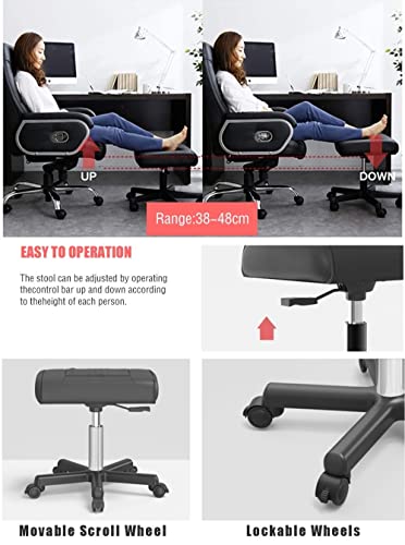 Office Footrests Rolling Foot Stool with Wheels, Height-Adjustable Pu Leather Foot Stand White (Wheel Lock)