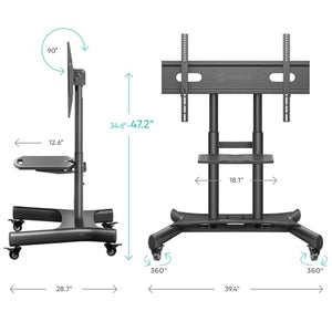 ONKRON Mobile TV Stand for 50-83 Inch TVs, Height Adjustable with Shelf, 90° Tilt, Rolling Cart - VESA 800x500, Portable Black Stand