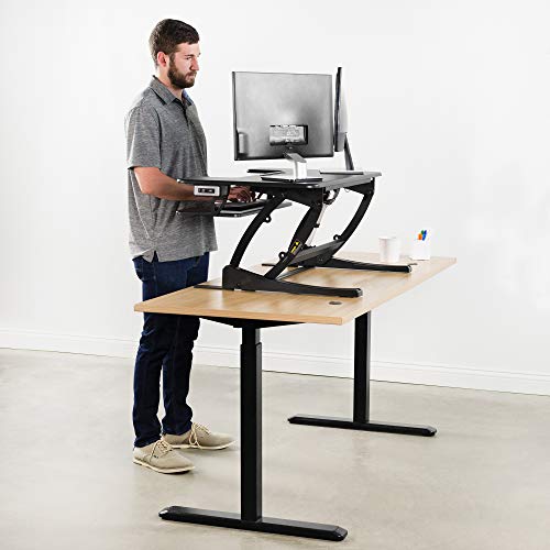 VIVO Black Electric Motor Height Adjustable 36 inch Stand up Desk Converter, Sit to Stand Tabletop Dual Monitor Riser with USB Port, DESK-V000VE