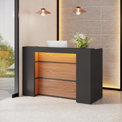 Tribesigns Reception Desk with LED Lights, 63 Inches Front Counter Table (Black&Brown)