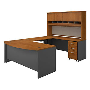 Bush Business Furniture Series C 72W U Shaped Desk with Height Adjustable Bridge, Hutch and Storage in Natural Cherry
