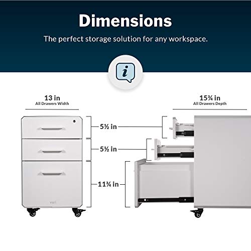 Vari Three Drawer File Cabinet - Mobile Pedestal for Hanging File Storage - White