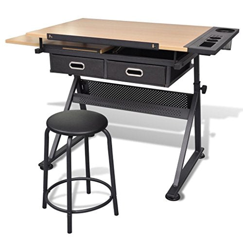Height Adjustable Drafting Draft Desk with Stool and 2 Drawers | Tiltable Tabletop Drawing Table Art Desk for Reading, Writing Art Craft Work Station | Natural MDF and Iron by EstaHome