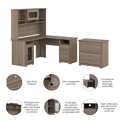 Bush Furniture 60-Inch L-Shaped Desk with Hutch, Lateral File Cabinet, Ash Gray - CAB005AG