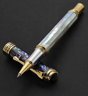 Xezo Maestro Handmade from Oceanic Origin White Mother of Pearl and Paua Sea Shell Serialized Fine Rollerball Pen. 18K Gold, Platinum Plated. No Two Alike