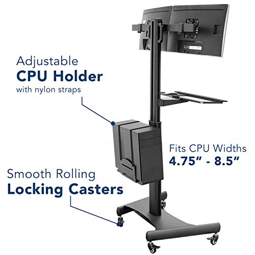 Mount-It! Adjustable Mobile PC Workstation for Dual Monitors | Mobile Standing Computer Cart with Adjustable Keyboard Tray and CPU Holder | Rolling Computer Desk Fits Monitors 13 to 32 Inches