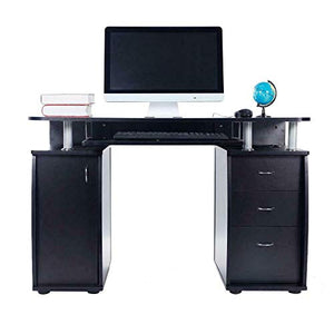 Black Home Office Style Computer Desk Slide-Out Keyboard Tray 3 Storage Drawers 1 Cabinet with 2 Layers Shelf Laptop Notebook PC Workstation Writing Reading Table Ideal for Business Or Personal Use