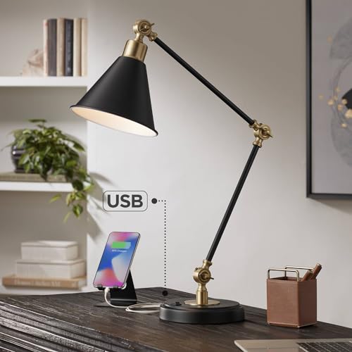 360 Lighting Black and Brass Adjustable USB Desk Lamps Set of 2