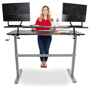 Stand Steady Tranzendesk 55 in Standing Desk with Clamp On Shelf | Easy Crank Height Adjustable Stand Up Workstation w/Attachable Monitor Riser | Holds 3 Monitors & Adds Desk Space (55/Silver Base)