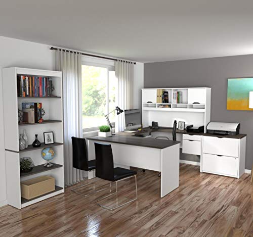 Bestar 3-Piece Set Including a U-Shaped Desk with Hutch, a lateral File Cabinet, and a Bookcase - Innova
