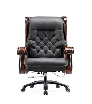 Generic Executive Office Chair - Fully Reclining Genuine Leather, Solid Oak Wood (Black)