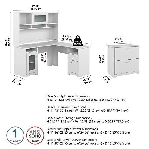 Bush Furniture Cabot 60" L-Shaped Computer Desk with Hutch, File Cabinet - White (CAB005WHN)