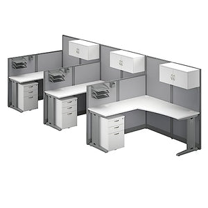 Bush Business Furniture Office in an Hour Triple Workstation Set | L Shaped Cubicle Desks with Storage, Drawers, and Organizers | 3 Person Commercial Workspace Solution