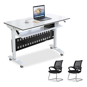 NaLoRa Flip Top Mobile Training Table Set with Chairs, Foldable Computer Desk, Modesty Panel, Storage, Lockable Wheels - White, 120 x 50 x 74cm
