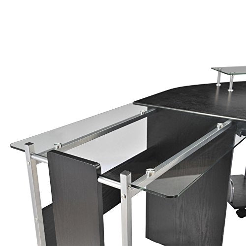 HOMCOM 69" Modern L-Shaped Tempered Glass Office Computer Desk with Elevated Monitor Stand, Rolling CPU Holder, Pull Out Keyboard Tray and Steel Frame, Black