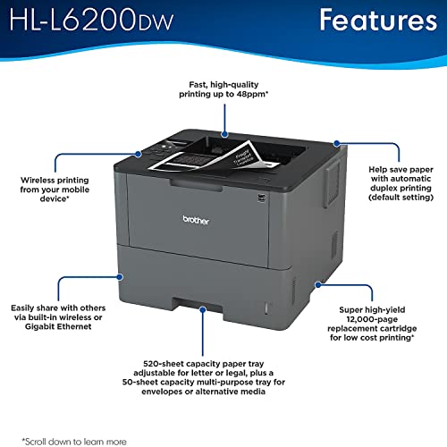 Brother HL-L6200DW Wireless Monochrome Laser Printer - 48 ppm, Auto Duplex, Ethernet