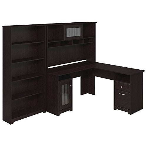 Cabot L Shaped Desk with Hutch and 5 Shelf Bookcase in Espresso Oak