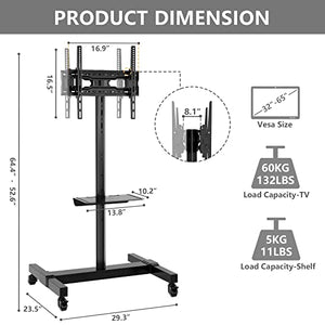 TVON Mobile Dual TV Stand for Four 32-65 Inch Screens, Rolling Cart with Wheels, Tilt Mount - Holds 132 lbs