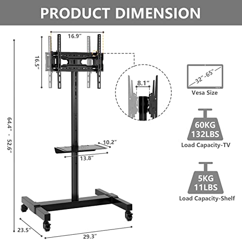 TVON Mobile Dual TV Stand for Four 32-65 Inch Screens, Rolling Cart with Wheels, Tilt Mount - Holds 132 lbs