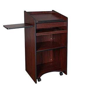 OEF Furnishings Mobile Floor Lectern with Side Shelf And Keyboard Tray, Mahogany