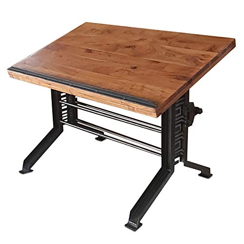 Industrial Drafting Desk Table – Art Deco Iron Crank Base – Tilt Top
