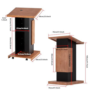 VLOJELRY Portable Podium Stand on Wheels - Mobile Wooden Pulpit with Wire Holes and Storage