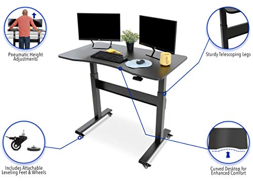 Stand Steady Tranzendesk | Pneumatic Standing Desk with Detachable Wheels| Height Adjustable Sit to Stand Workstation | Modern Ergonomic Stand Up Desk for Home & Office (48 Inch / Black) 