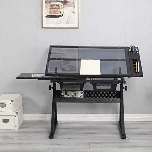 L-sister Perfect Embellishment Studio Design Folding Innovative Glass Table 40 Inch Drafting Table Craft Table Adjustable Toughened Glass Drafting and Printing Table Studio Table with Drawers Easy to