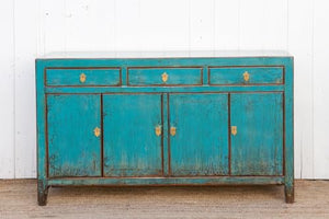Lschool Antique Painted Sapphire Credenza - Distressed Aqua Blue Sideboard