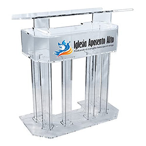 Kingdom Acrylic Lectern Podium with 6 Column Base and Wide Middle Shelf - Clear