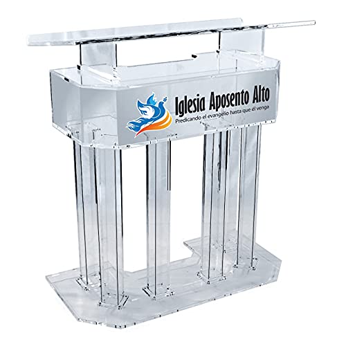 Kingdom Acrylic Lectern Podium with 6 Column Base and Wide Middle Shelf - Clear