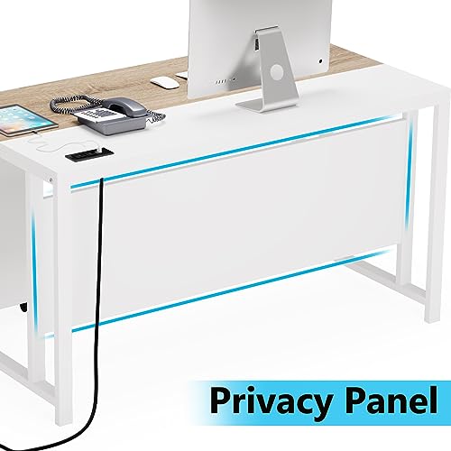 TRIBESIGNS WAY TO ORIGIN L-Shaped Computer Desk with Power Outlet and Drawer Cabinet, 55 inch Executive Office Desk with File Cabinet and Printer Stand, White