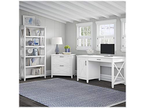 Bush Furniture Key West 54W Computer Desk with Lateral File Cabinet and Bookcase, Pure White Oak