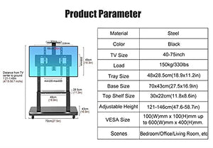 CYNN Adjustable Height Mobile TV Stand for Flat Screens 40-75inch with Wheels, AV Shelf & Storage