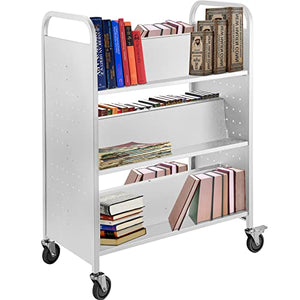 VEVOR Library Cart, 200lbs Rolling Book Cart with Lockable Wheels, 35x19x49 Inch, White