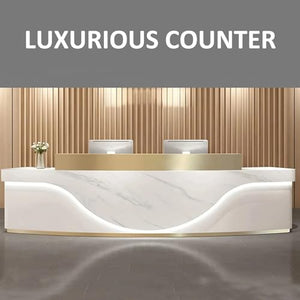 KAGUYASU Modern Curved Reception Desk with Light, Checkout Counter Hutch, Retail Counter Table, Lockable Drawer Door File Cabinet, Office Computer Front Desk (Grey + Gold Stainless Steel, 149.61")