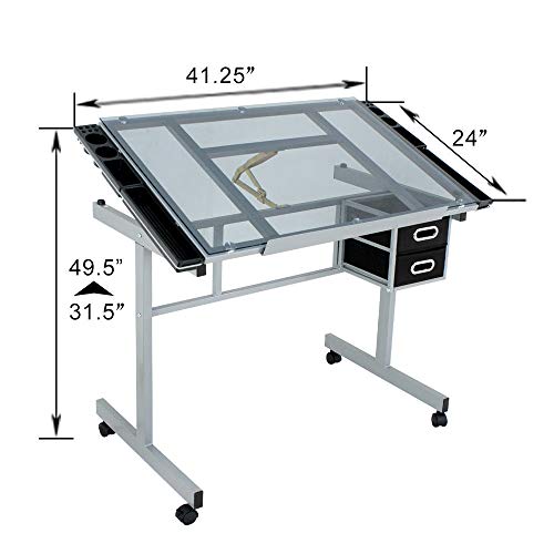 Adjustable Rolling Drawing Drafting Silver Black Table Tempered Safety Glass Top Art Craft Work Station Desk Board Work Hobby Stool Durable Powder-Coated Steel Frame 2 Slide-Out Drawer Storage