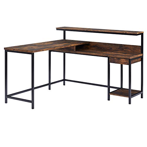 Merax L-Shaped Computer Monitor Shelf and CPU Stand, Industrial Corner Office Study Large Workstation Desk Table, 55.9" L x 55.1" W x 38" H, Tiger